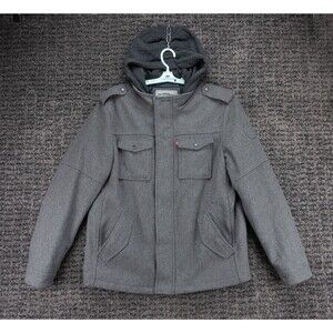 Levis Jacket Mens Large Gray Hooded Zipped Quilt Lined Wool Blend Field Military